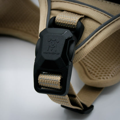 Desert Tan harness magnetic buckle close-up